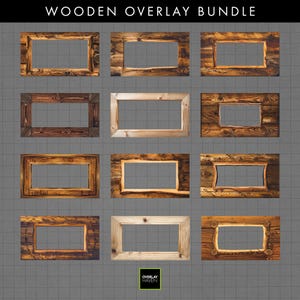 May include: Nine wooden overlay frames are displayed, each with a rectangular shape and a central cutout. The frames vary in wood type and finish, with the text "WOODEN OVERLAY BUNDLE" at the top. The frames are designed for digital art.