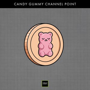 May include: A circular coin design featuring a pink gummy bear in the center. The coin has a light brown border and a pink gummy bear with closed eyes. The text "CANDY GUMMY CHANNEL POINT" is at the top.