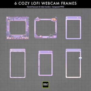 May include: Six digital webcam frames in shades of purple and pink. The set includes square and rectangular borders featuring illustrations of potted plants, books, a sleeping cat, stars, and window-like interface elements with icons.