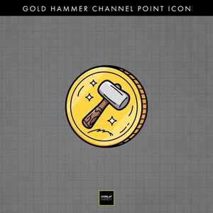 May include: A gold coin with a cartoon hammer icon. The hammer is silver and brown, and the coin is yellow with a textured edge. The text "GOLD HAMMER CHANNEL POINT ICON" is at the top.