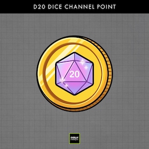 Puede incluir: Una moneda de oro con un dado D20 en el centro. El dado es morado con el número 20 en blanco. La moneda tiene el texto "D20 DICE CHANNEL POINT" en la parte superior.