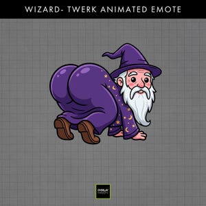 May include: An animated digital emote featuring a cartoon wizard with a white beard and purple hat, wearing a purple robe with yellow stars and moons, positioned in a twerking pose. The text WIZARD- TWERK ANIMATED EMOTE appears at the top.