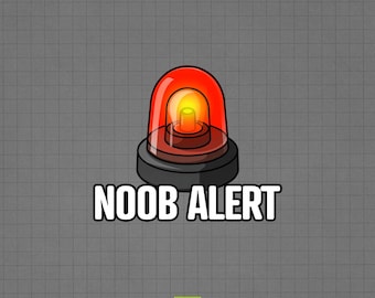 May include: A digital graphic featuring a red emergency beacon light with a glowing yellow center, set against a gray grid background. The text NOOB ALERT ANIMATED EMOTE appears at the top, with the words NOOB ALERT in large white letters below.
