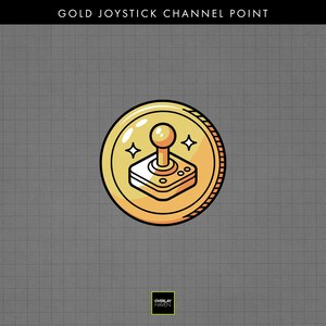 May include: A gold coin with a joystick design. The coin features a joystick with a ball-shaped top and a square base with buttons. The coin is surrounded by a decorative border and has the text "GOLD JOYSTICK CHANNEL POINT" at the top.