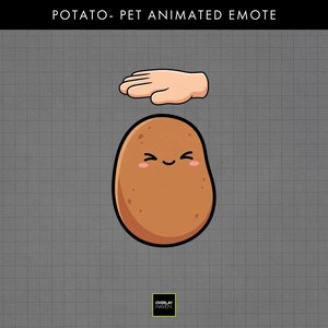 Könnte beinhalten: Eine braune Kartoffelfigur mit lächelndem Gesicht, geschlossenen Augen und rosa Wangen, unter einer Cartoon-Hand positioniert. Der Text POTATO- PET ANIMATED EMOTE steht oben und das Logo OVERLAY HAVEN unten auf einem karierten Hintergrund.