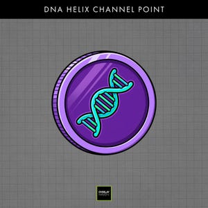May include: A circular purple coin icon featuring a bright cyan DNA double helix graphic in the center. The text DNA HELIX CHANNEL POINT is displayed at the top, and a small black square logo with the text OVERLAY HAVEN is at the bottom.