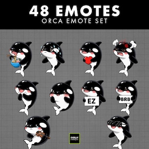 May include: A collection of 48 Orca Emote graphics. Each emote depicts a black and white orca with various expressions and props, such as a bowl of noodles, a heart, and sunglasses. The text "48 EMOTES ORCA EMOTE SET" is displayed at the top.