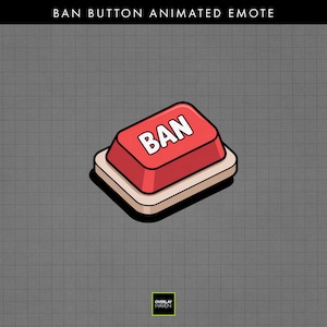 Może przedstawiać: Czerwony przycisk z białym napisem "BAN". Przycisk znajduje się na beżowej podstawie, na szarym tle w kratkę. U góry znajduje się napis "BAN BUTTON ANIMATED EMOTE".