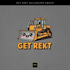 Puede incluir: Ilustración de dibujos animados de una excavadora amarilla con una cara sonriente en la cuchilla. El texto "GET REKT" está debajo de la excavadora. El fondo es una cuadrícula gris.
