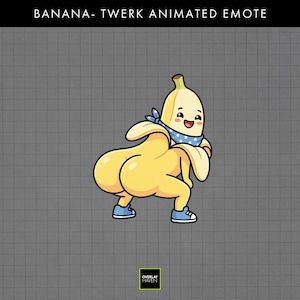 Pode incluir: Um personagem de banana de desenho animado com um rosto sorridente, usando um lenço azul de bolinhas e tênis azuis, realizando um passo de dança. O texto BANANA- TWERK ANIMATED EMOTE aparece no topo e o logo OVERLAY HAVEN na parte inferior.