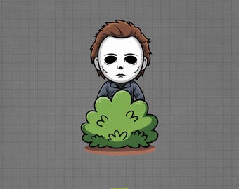 May include: Animated emote of Michael Myers hiding behind a green bush. Myers is shown with a white mask, brown hair, and a blue jumpsuit. The text "MICHAEL MYERS HIDING BUSH ANIMATED EMOTE" is at the top. The Overlay Haven logo is at the bottom.