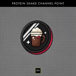 May include: A circular black graphic with a red edge and a coffee cup illustration. The cup is brown with a white rim and foam, and a red "P" on the side. The text "PROTEIN SHAKE CHANNEL POINT" is at the top.