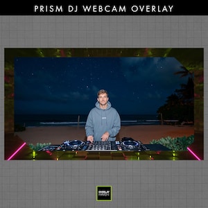 May include: A DJ webcam overlay with the text "PRISM DJ WEBCAM OVERLAY". The scene features a person in a blue hoodie at a DJ setup on a beach at night. The background shows a starry sky and ocean. The Overlay Haven logo is in the bottom right.