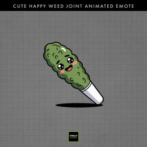 May include: An animated cartoon of a happy marijuana joint with a smiling face, large eyes, and pink cheeks. The joint is green with a white filter. Text at the top reads "CUTE HAPPY WEED JOINT ANIMATED EMOTE".
