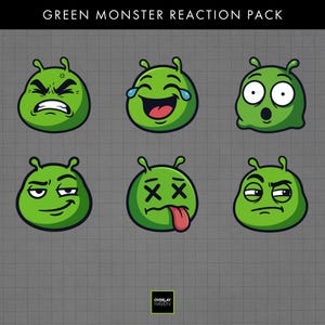 Peut inclure: Un ensemble graphique numérique intitulé GREEN MONSTER REACTION PACK présentant six monstres verts, ronds, dotés de deux antennes. Chaque monstre affiche une expression faciale différente, notamment en colère, riant aux larmes, surpris, suffisant, étourdi et sceptique.