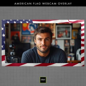 May include: An American flag webcam overlay with a red, white, and blue design. The overlay features the stars and stripes of the American flag, framing a person. The text "AMERICAN FLAG WEBCAM OVERLAY" is at the top.