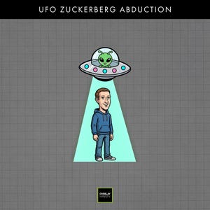 Puede incluir: Ilustración de dibujos animados de un OVNI abduciendo a una persona. El OVNI es plateado con luces rosas y azules, y un extraterrestre es visible en su interior. La persona lleva una sudadera con capucha azul y vaqueros. El texto en la parte superior dice "UFO ZUCKERBERG ABDUCTION."
