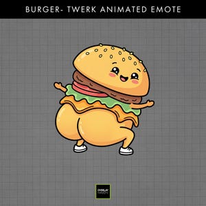 May include: An animated emote featuring a cartoon burger character with a smiling face, sesame seed bun, lettuce, tomato, and cheese, depicted in a dancing pose with rounded lower body sections and small white shoes, labeled BURGER- TWERK ANIMATED EMOTE.