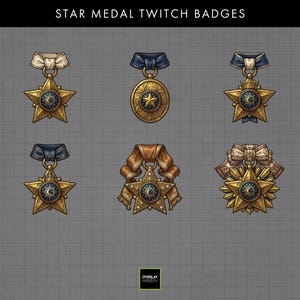May include: Six gold star-shaped and circular medals with blue and white accents and ribbons. The medals are for Twitch badges and have a celestial design. The text "STAR MEDAL TWITCH BADGES" is at the top of the image.