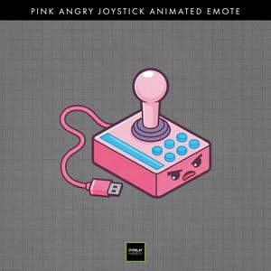 Könnte beinhalten: Ein pinkfarbener animierter Joystick-Emote mit einem wütenden Gesicht. Der Joystick hat einen pinkfarbenen Griff und Knöpfe mit blauem Akzent. Der Text "PINK ANGRY JOYSTICK ANIMATED EMOTE" steht oben. Ein pinkfarbenes USB-Kabel ist angebracht.
