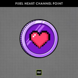 May include: A pixelated heart design inside a purple coin with a silver border. The text "PIXEL HEART CHANNEL POINT" is at the top. The background is a gray grid.