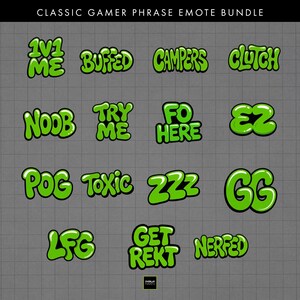 Könnte beinhalten: Eine Sammlung grüner Text-Emotes mit schwarzer Umrandung, mit Phrasen wie "LFG", "GET REKT" und "NERFED". Die Wörter sind in einer Bubble-Style-Schriftart, ideal für Online-Gaming.