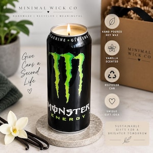 May include: A black Monster Energy drink can repurposed as a candle with a lit wick. The can features the green claw logo, the text Taurine + Ginseng, and the brand name. Text on the image includes Minimal Wick Co, Give Cans a Second Life, and product details.
