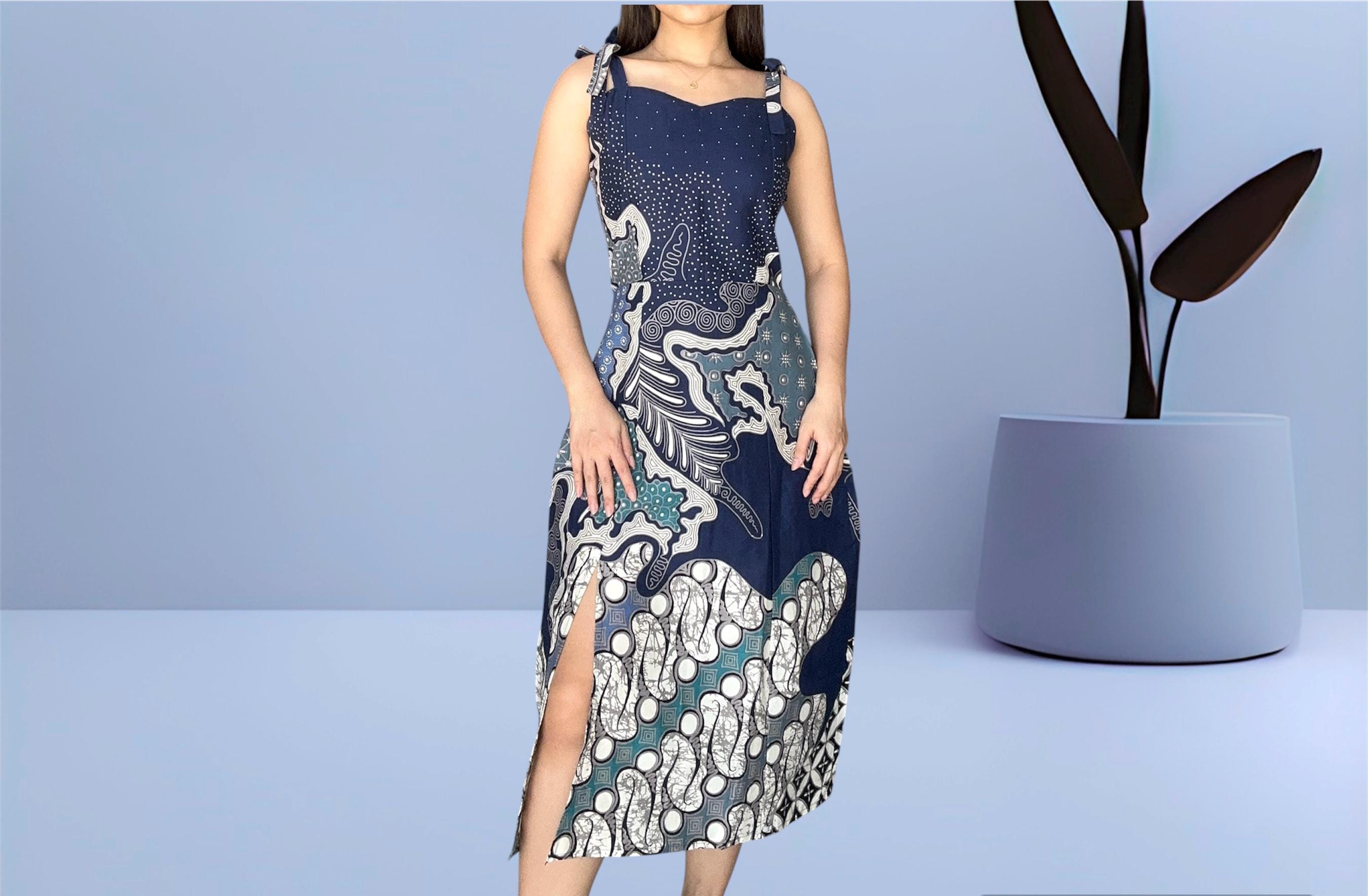 knee length dresses for ladies Floral Print Sweetheart Neckline Smocked Back Midi Dress Navy Large
