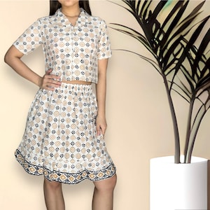 Cream Hand-Printed Batik Crop Top & Skirt Set | 2-Piece Summer Co-Ord | Pockets Included | XS-XL Sizes | Ethical Slow Fashion