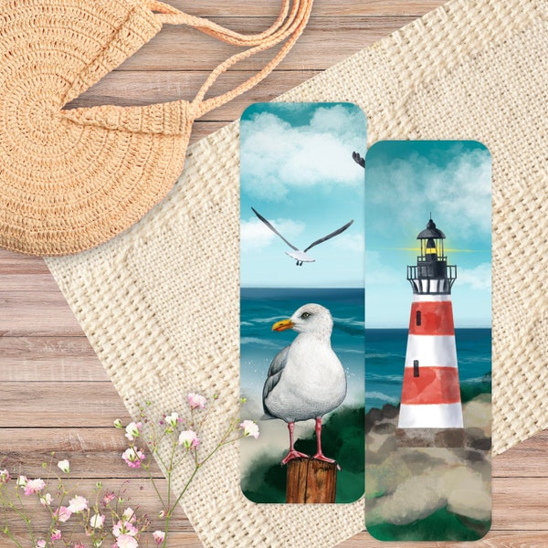 Lighthouse Bookmark | Watercolor Painting of Seagull & Coastal View | Nautical Bookmark for Men | Ocean, Sea and Book Lover Gift