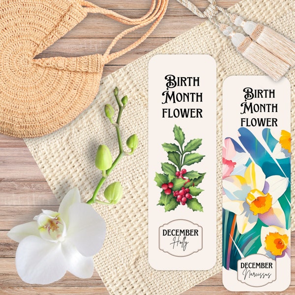 December Birth Month Flower Bookmarks | Holly Bush & Narcissus Floral Designs | Personalized Gift for Her | Holographic, Laminated, Tassel