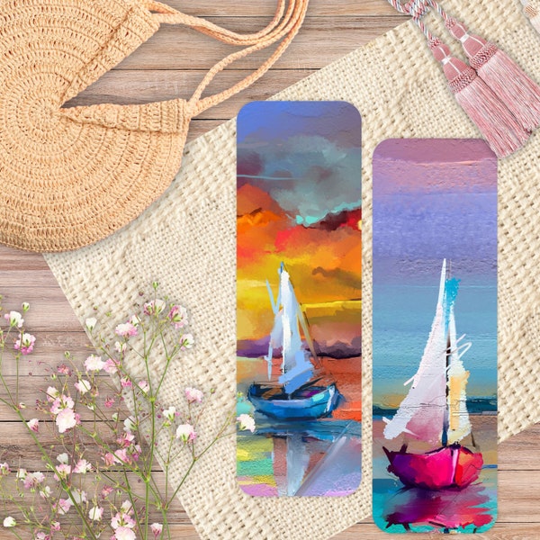 Nautical Bookmark | Sailboat at Sunset Oil Painting Bookmark | Yacht Boat at Sea Bookmarker | Ocean themed Bookmark, Men & Women Book Lovers