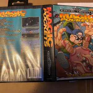May include: A Sega Genesis game cartridge case for the game Magic Pockets. The front of the case features a cartoon character wearing a blue hat and sunglasses. The back of the case lists game features and has screenshots of the game.
