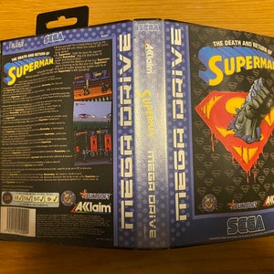 May include: A Sega Mega Drive game cartridge for The Death and Return of Superman. The front of the cartridge features a red and yellow Superman logo with a large, dark hand breaking through the logo. The back of the cartridge features a description of the game and a rating of 5/5 stars.