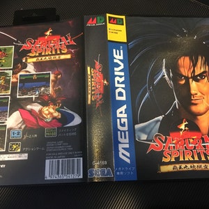 May include: A Sega Genesis game cartridge for Samurai Spirits: Amakusa's Revenge. The cartridge is blue and black with a picture of a character from the game on the front. The back of the cartridge has a barcode and text in Japanese.