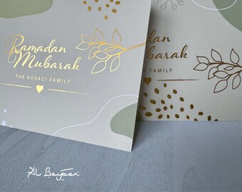 Tarjeta de felicitación Ramadán Mubarak, personalizada, lámina de oro, bolsa de regalo, favor de fiesta, oliva, verde salvia, rubor, topo, regalo Eid, Iftar Gracias