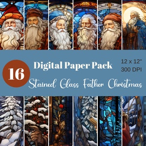 Stunning Stained Glass Father Christmas Collection, Santa, Digital Paper, Scrapbook Paper, Sublimation, Commercial
