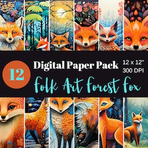 Folk Art Fox in the Forest, 4 Seasons, Papier numérique, Papier Scrapbook, Sublimation, Commercial