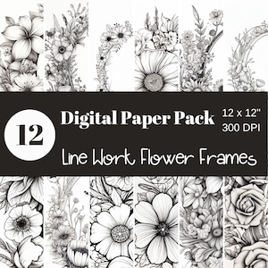 Bordes de flores en blanco y negro, Borde de flores de líneas, Redondo, Ovalado, Papel de borde, Papel digital, Papel de álbum de recortes, Sublimación, Comercial