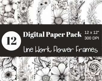 Black and White Flower Borders, Linework Flower Border, Round, Oval, Border Paper, Digital Paper, Scrapbook Paper, Sublimation, Commercial