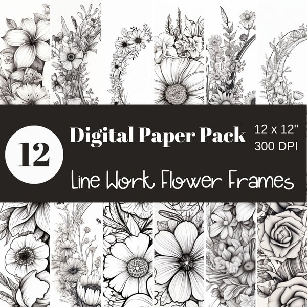 Black and White Flower Borders, Linework Flower Border, Round, Oval, Border Paper, Digital Paper, Scrapbook Paper, Sublimation, Commercial