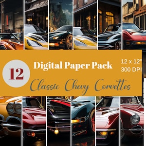 May include: A digital paper pack featuring 12 different images of classic Chevrolet Corvettes. The images are high-resolution, 300 DPI, and measure 12 inches by 12 inches. The Corvettes are shown in various colors, including red, yellow, black, and green.