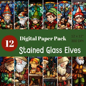 Stunning Stained Glass Elves Collection, Santa, Digital Paper, Scrapbook Paper, Sublimation, Commercial