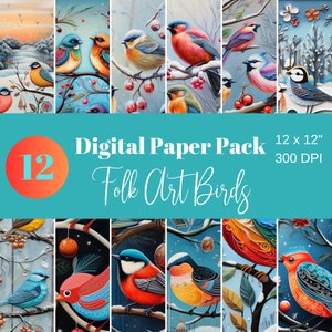 Folk Art Birds, Digital Paper, Scrapbook Paper, Sublimation, Commercial