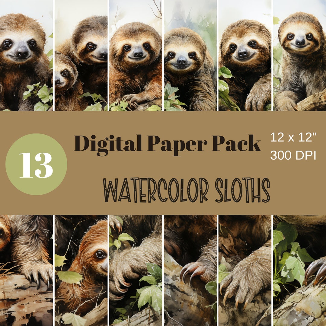 Sloth Digital Paper Watercolor Sloth and Baby, Digital Paper, Scrapbook Paper, Sublimation ...