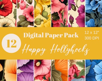 Hollyhocks, Digital Paper, Scrapbook Paper, Sublimation, Seamless Paper, Repeating Paper, Commercial