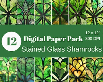May include: A digital paper pack of 12 stained glass shamrock designs. Each design is 12 inches by 12 inches and 300 DPI.