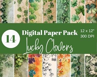 May include: Digital paper pack with 14 designs featuring watercolor illustrations of lucky clovers in green, orange, and white. The pack is 12 x 12 inches and 300 DPI.