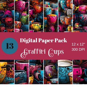 May include: A digital paper pack of 13 colourful, illustrated designs featuring graffiti-style coffee mugs. Each design is 12 inches by 12 inches and 300 DPI.