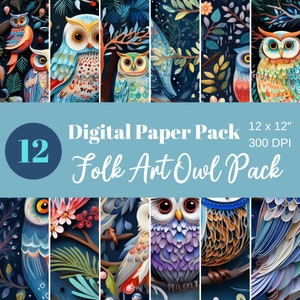 May include: A digital paper pack featuring 12 colorful owl illustrations in a folk art style. Each design is 12 inches by 12 inches and 300 DPI. The owls are depicted in a variety of poses and colors, with intricate details and patterns.